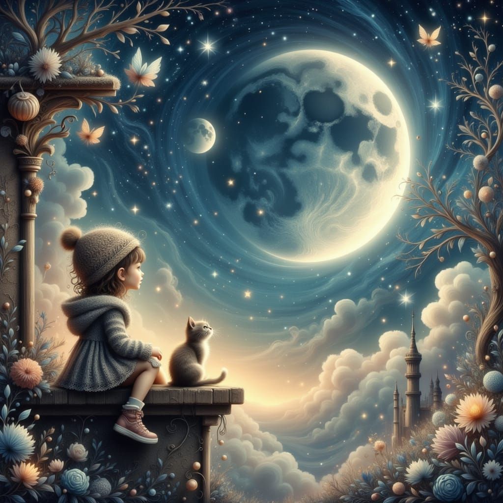 Child and Cat Gaze at Crescent Moon