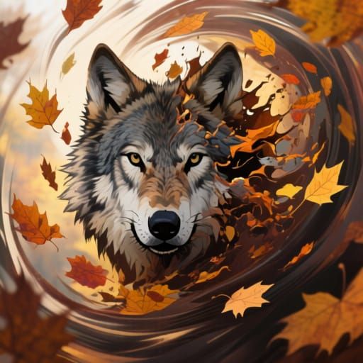 Wolf Face Dissolves into Autumn Leaves Vortex