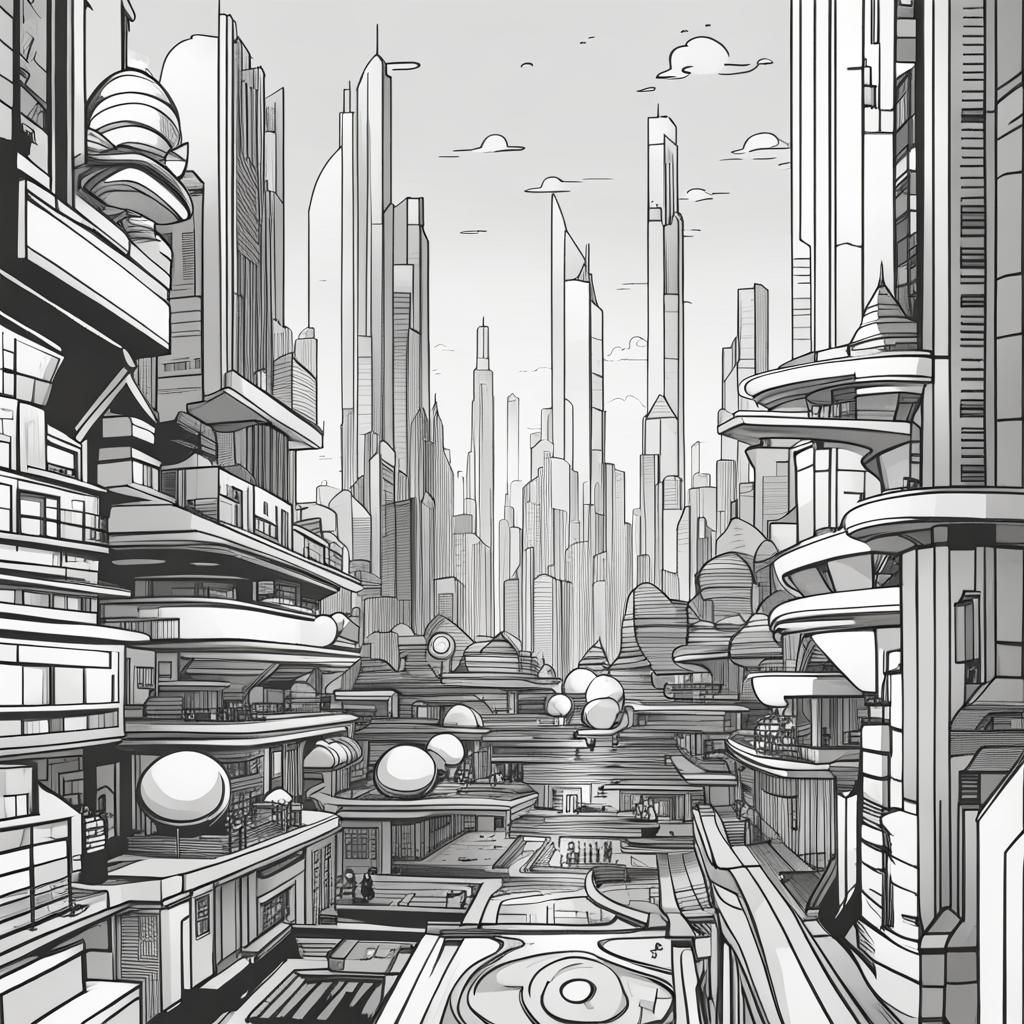 Futuristic Cityscape in Detailed Line Art