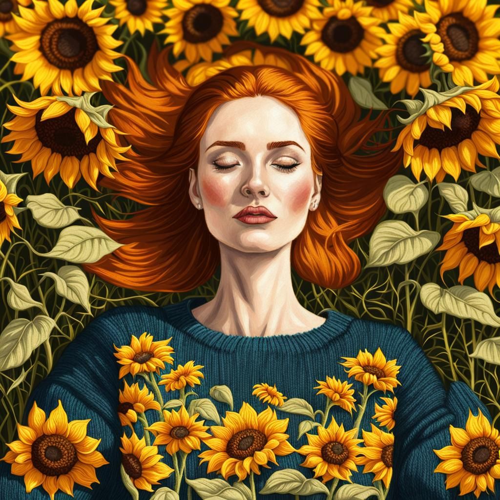 Ginger Woman in Sunflower Meadow with Embroidery