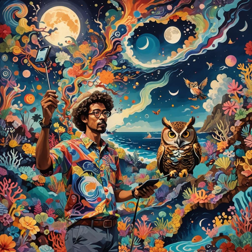 Tourist, Owl, and Moon in Surreal Abstract Collage