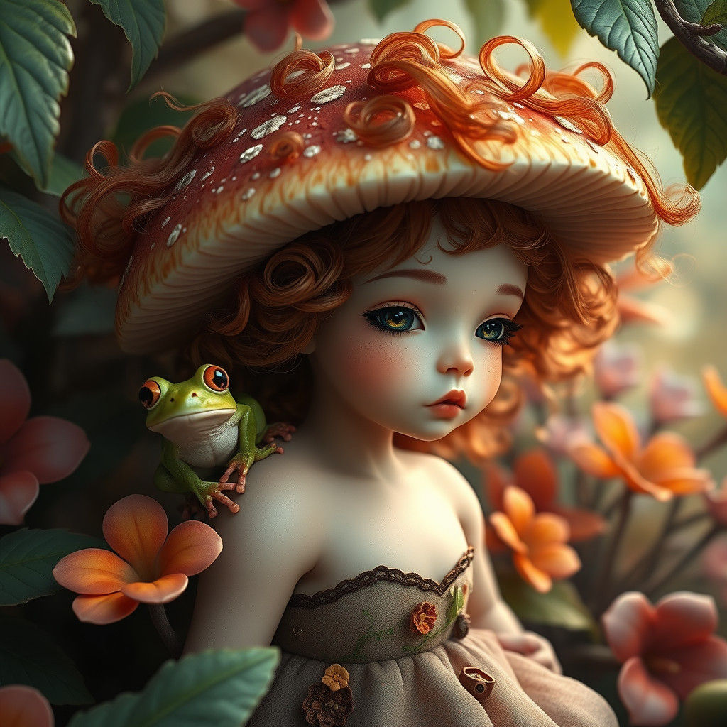 Mushroom Girl with Frog in Dreamlike Foliage