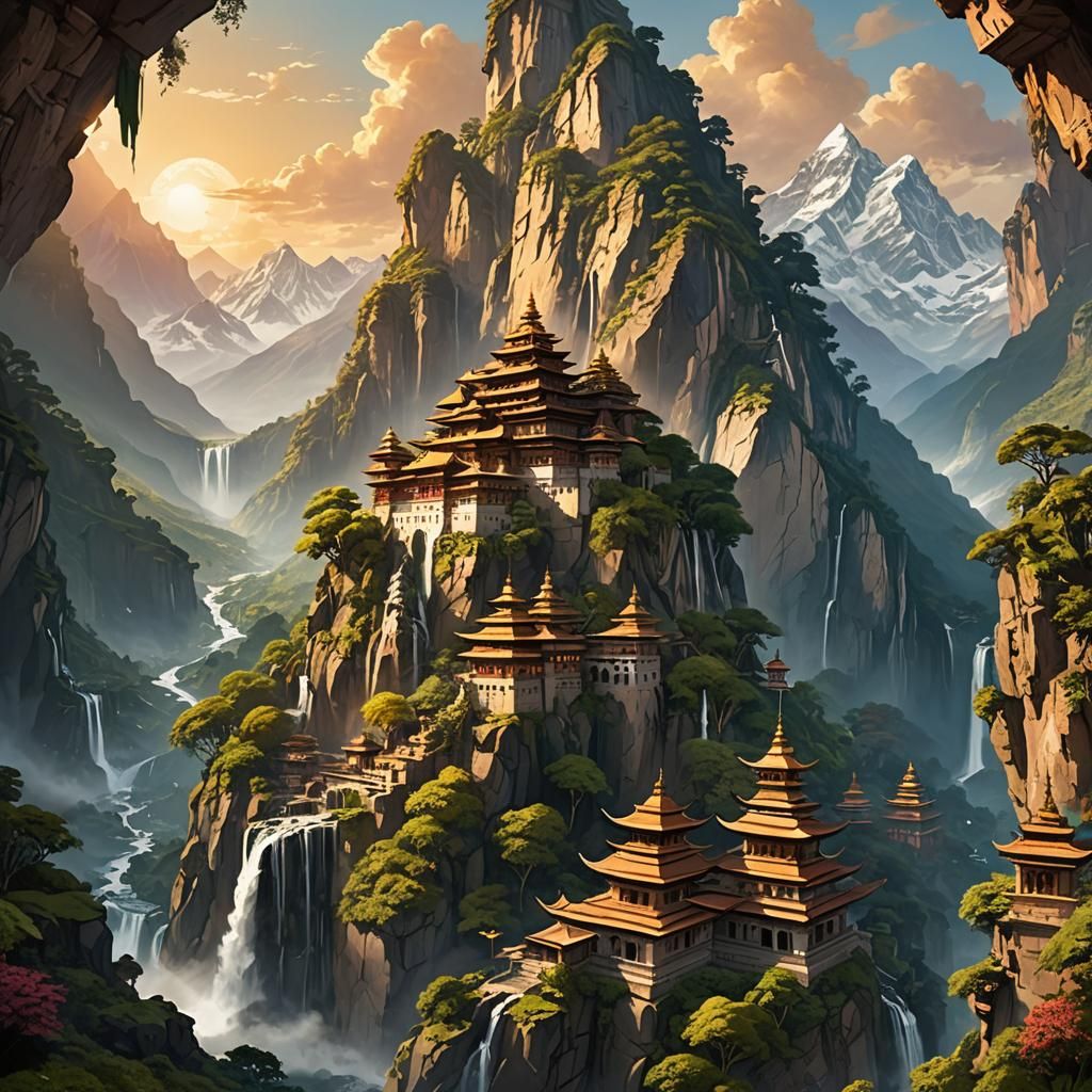 Himalayan Mountains and Temples in Fantasy Landscape