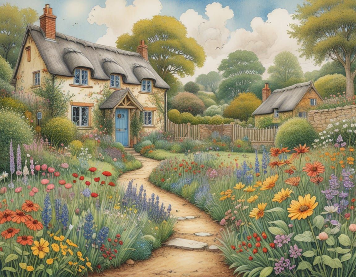English Country Cottage Garden in Whimsical Watercolor Style
