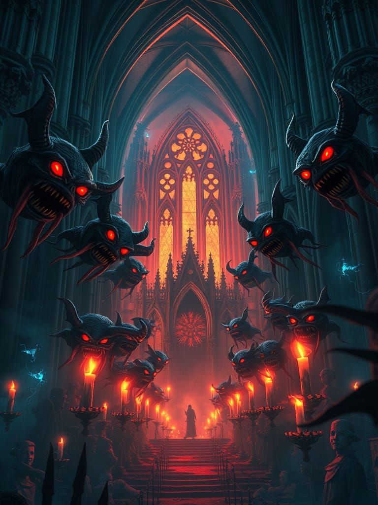 Gothic Cathedral Overrun by Demonic Sock Puppets in Dark Fan...