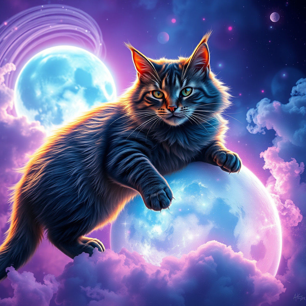 Majestic Cat Pouncing on Moon in Digital Art