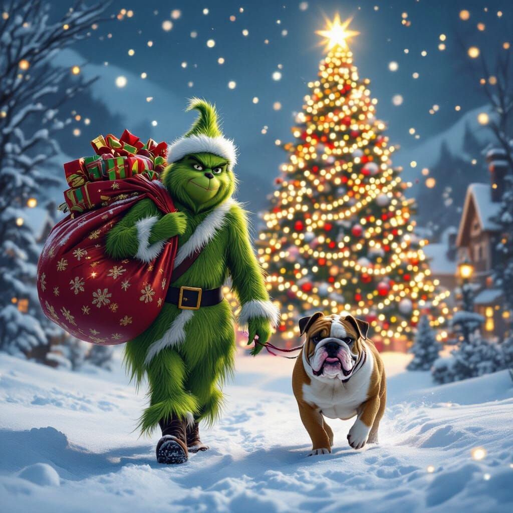 Grinch and Bulldog in Snowy Christmas Landscape