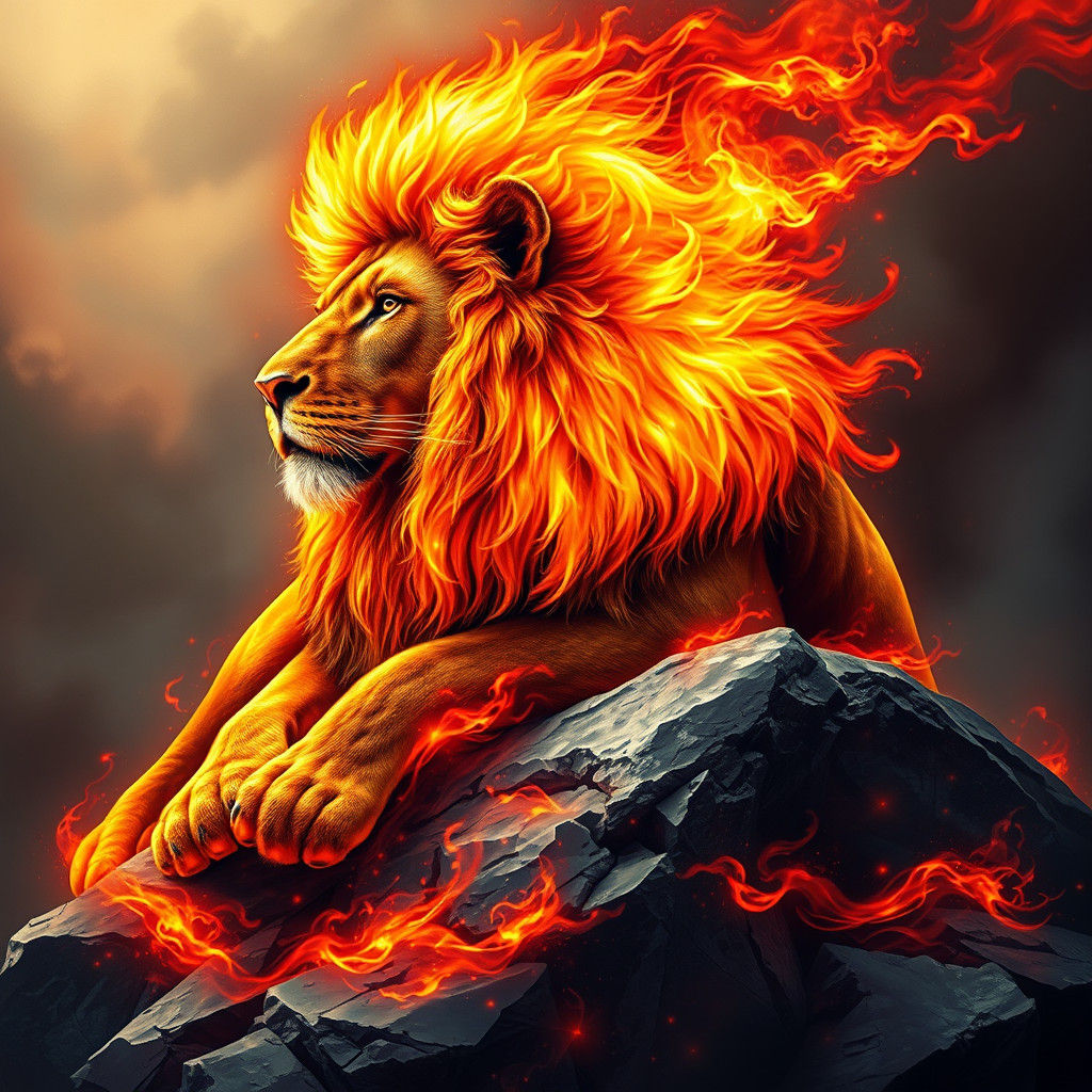 Fiery Lion Digital Painting with Astral Flame Mane