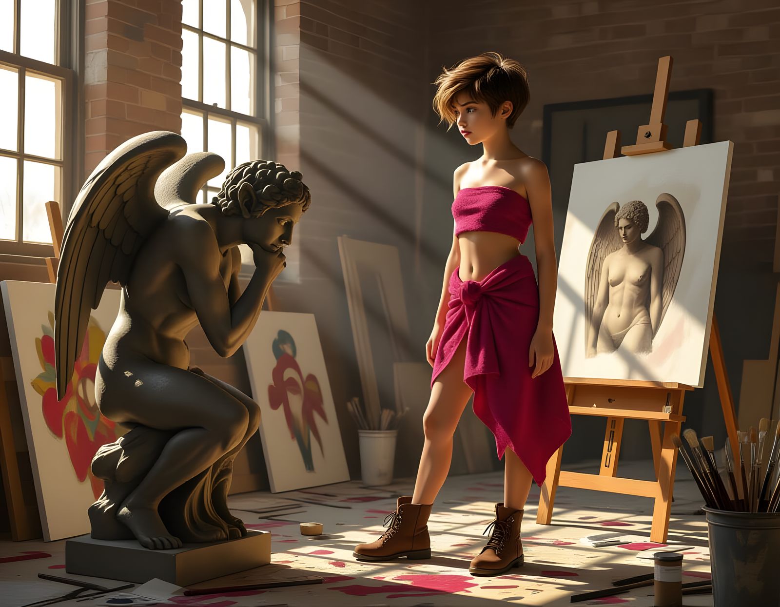 Artist Contemplates Gargoyle Sculpture in Film Noir Studio