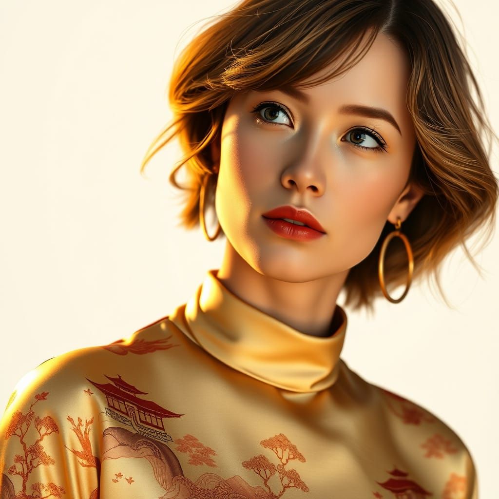Elegant Woman in Golden Glow with Asian-Inspired Silk Top