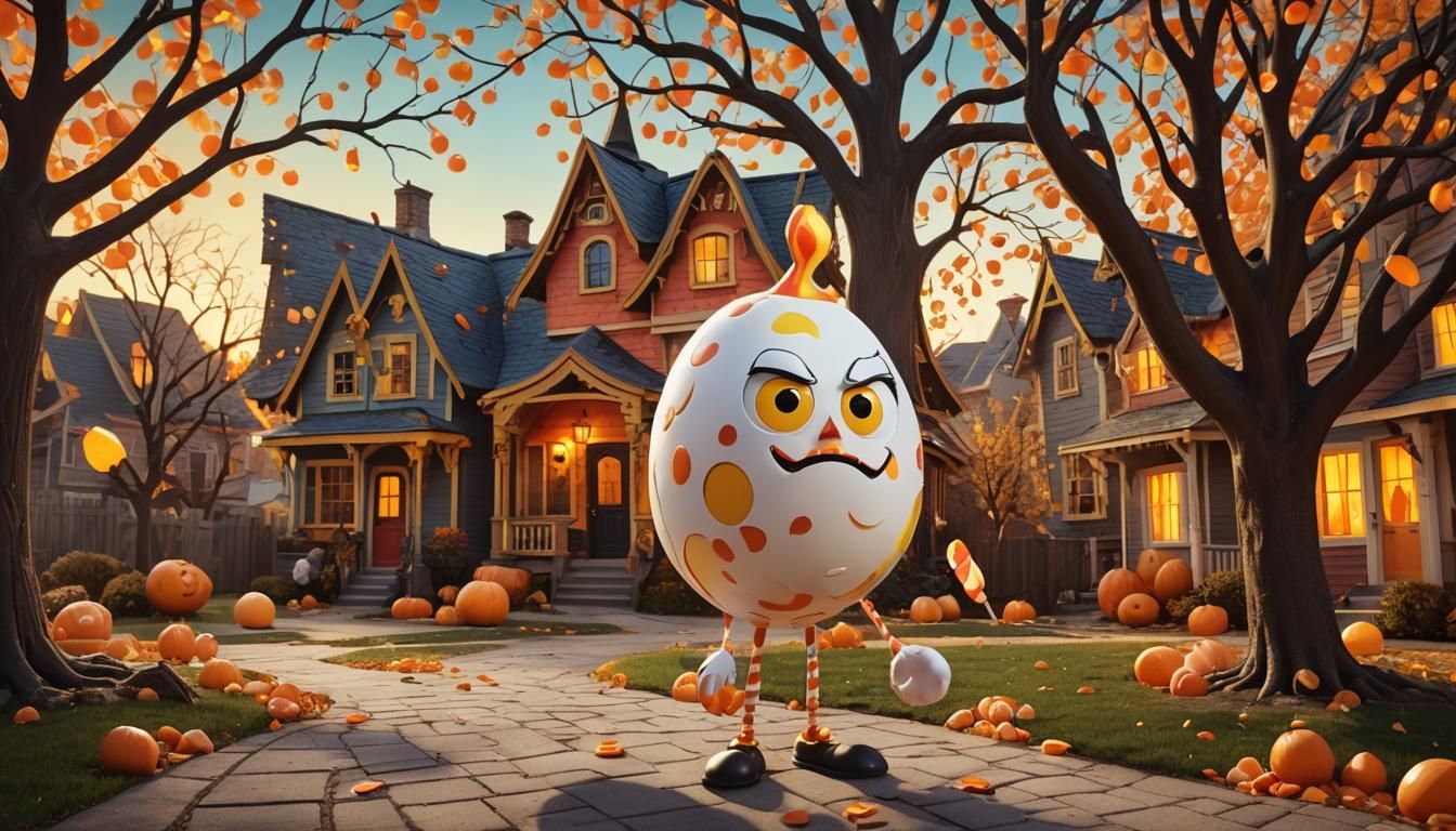 Angry Egg Trick-or-Treater in Surreal 3D Cartoon