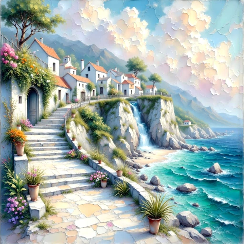 Serene Dreamscape Path to Waterfall and Monet Bridge