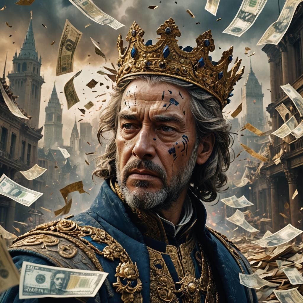 King's Face Amidst War and Flying Money