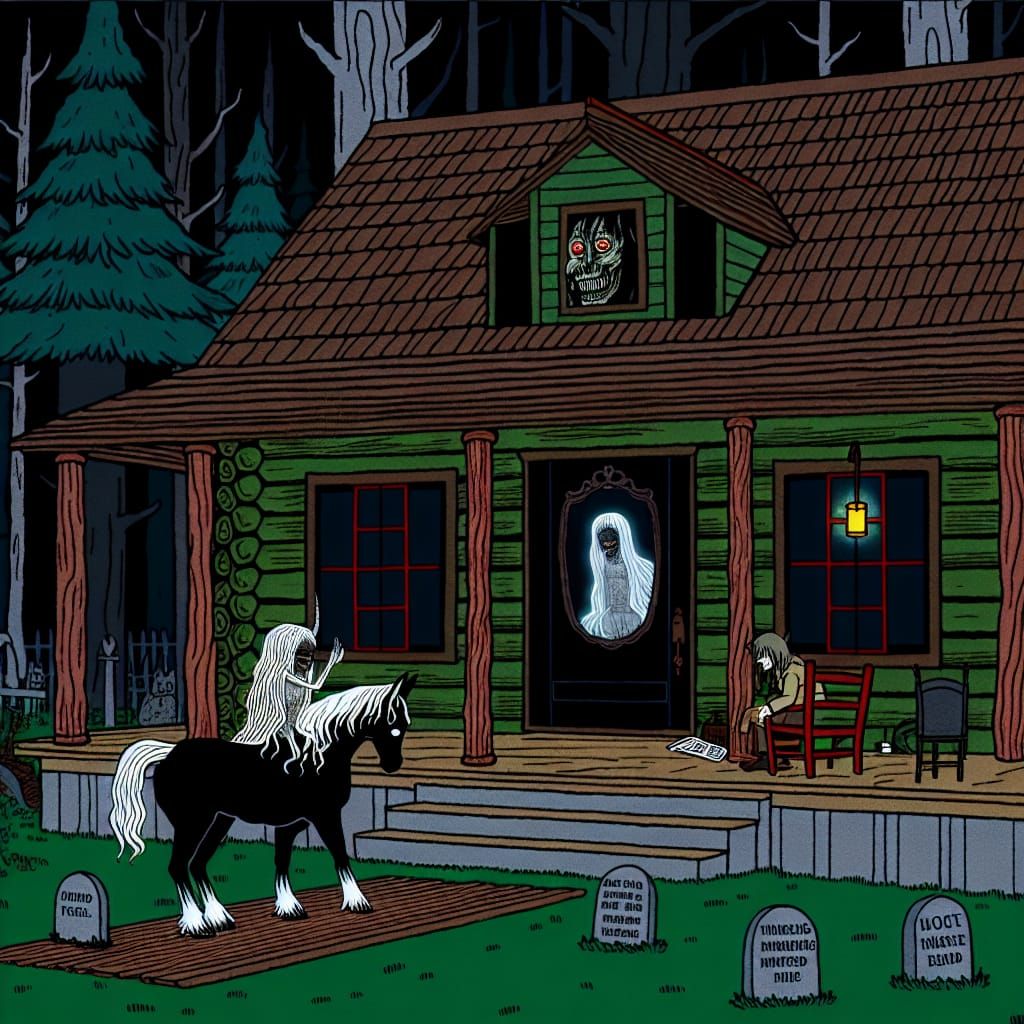 Eerie Anime Log Cabin in Shadowy Forest