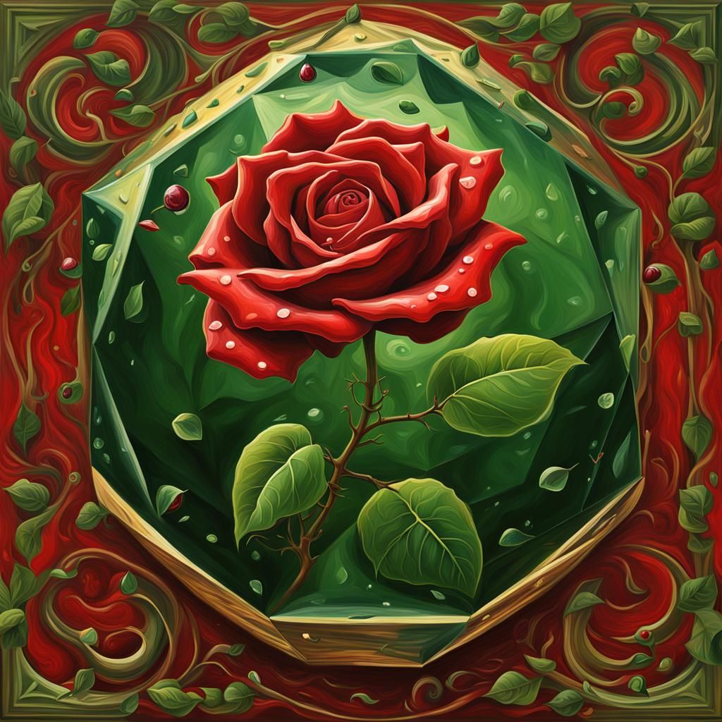 "''red rose flower green leaf in a raindrop'' surreal oil painting : by M.C. Escher, Pablo Picasso, Daniel Merriam cubis...