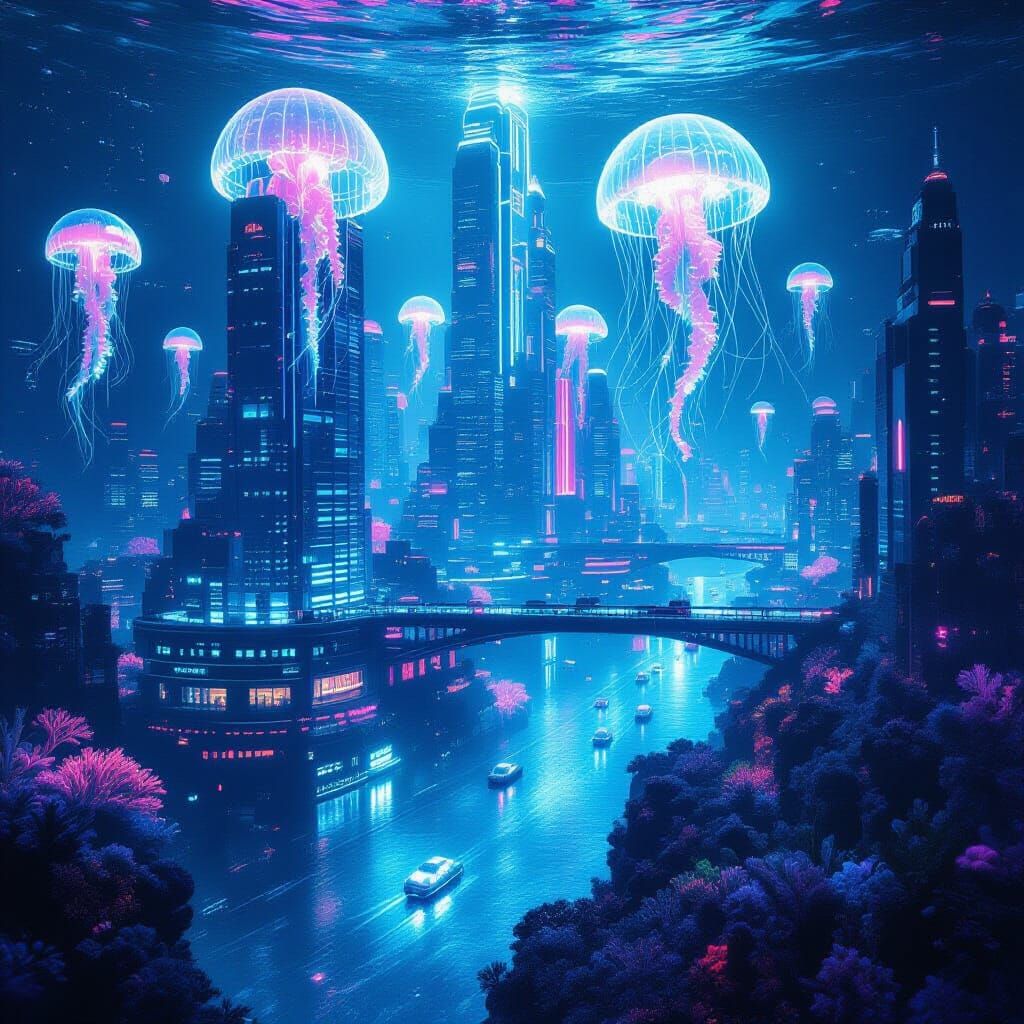 Futuristic Underwater City with Glowing Coral Skyscrapers