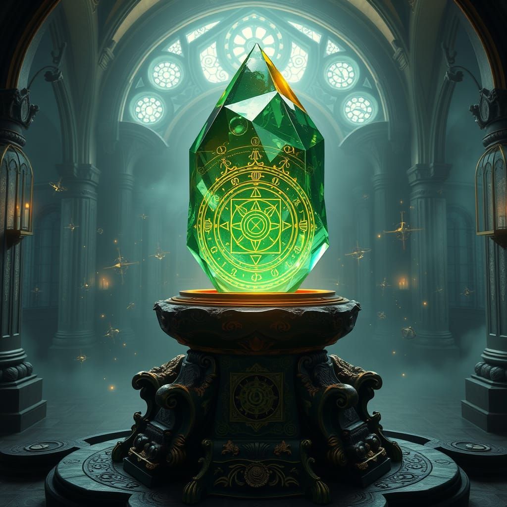 Emerald Crystal Artifact with Glowing Runes