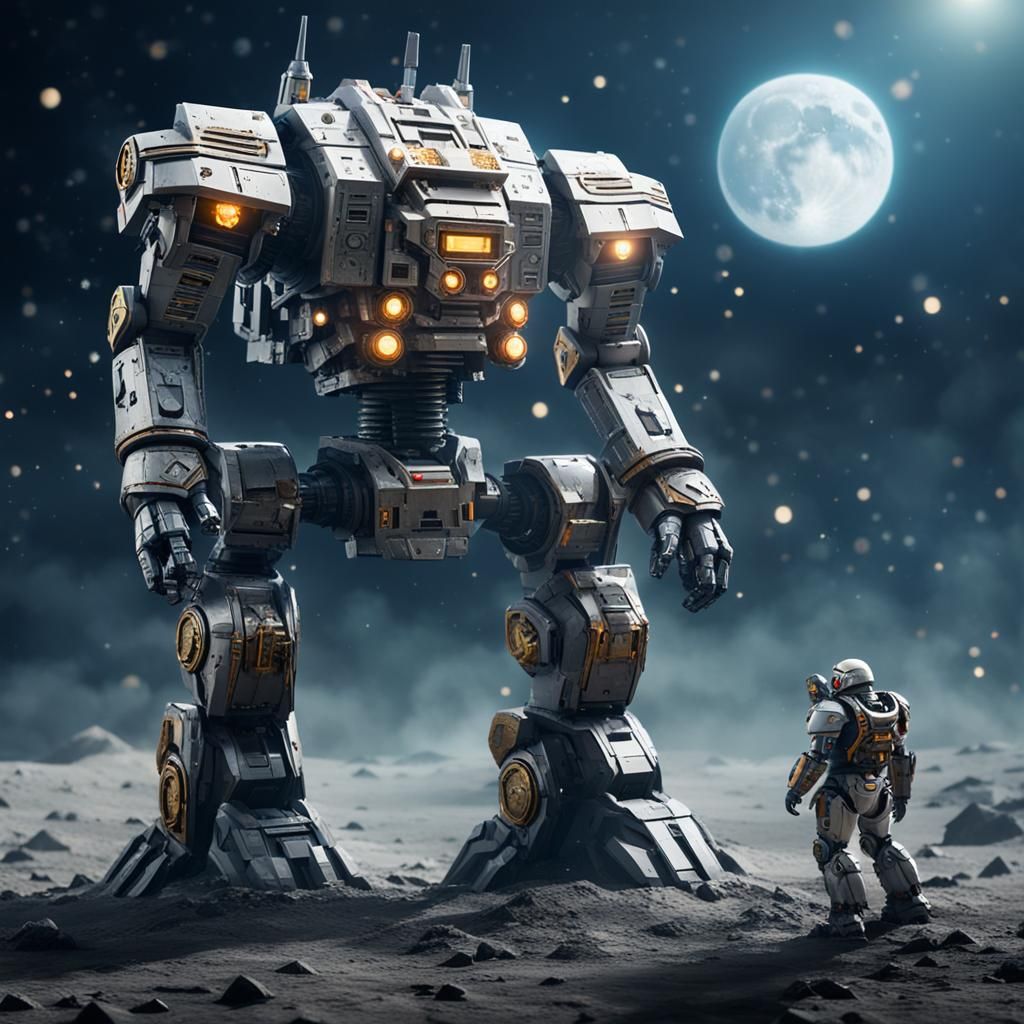 Giant Mech Warrior on Moon Surface in Sharp Focus
