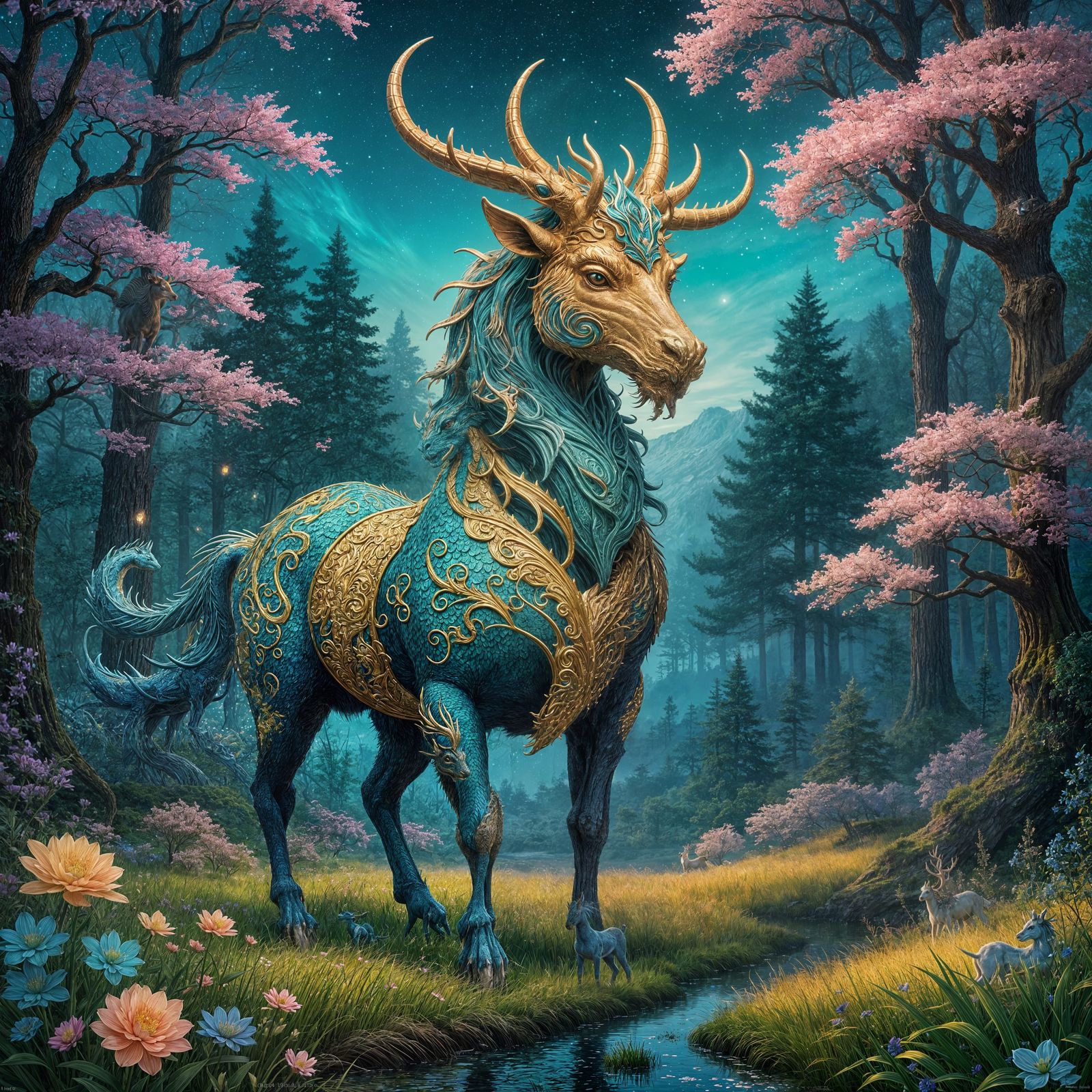 Bioluminescent Qilin in Forest, Van Gogh Style