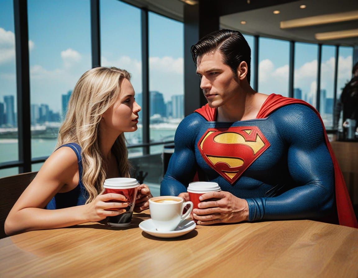 Superman and Supergirl at Starbucks in Comic Style