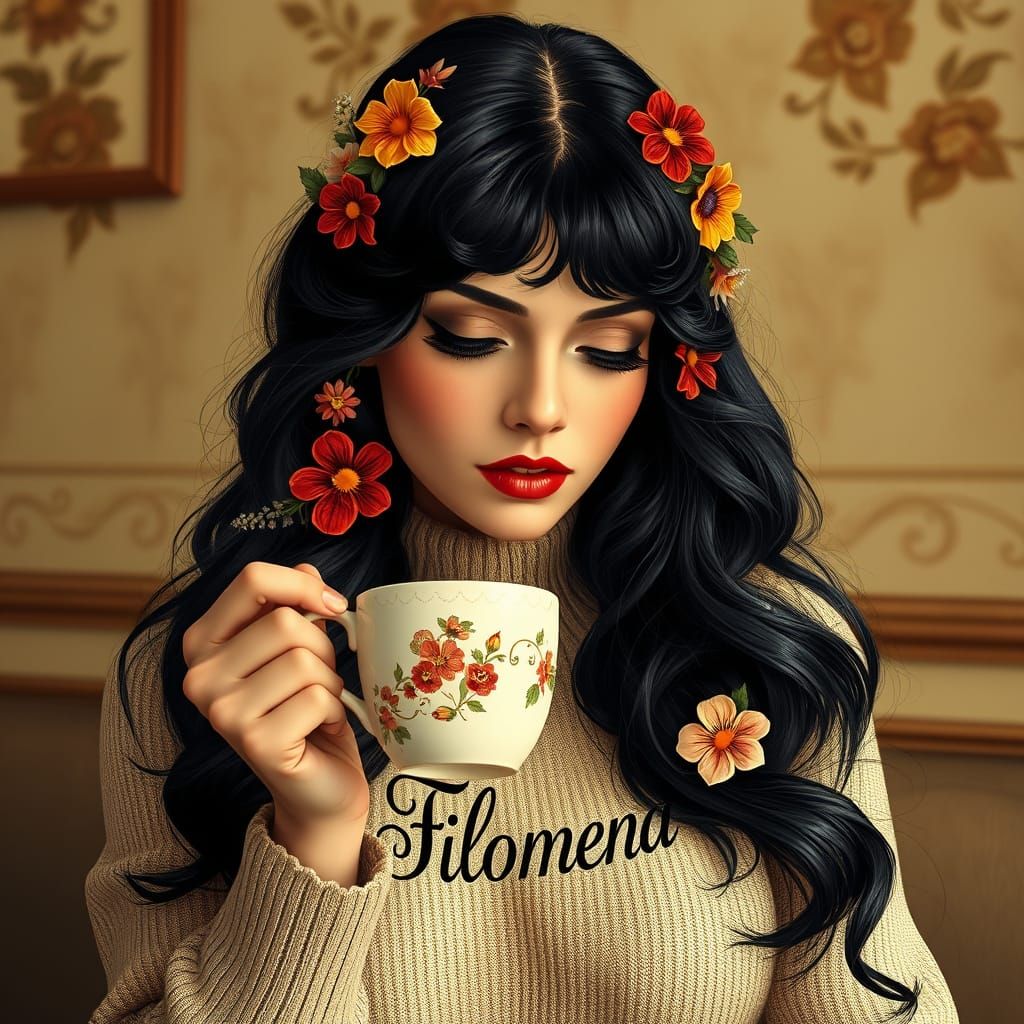 Elegant Woman with Dark Hair and Flowers in Liberty Style