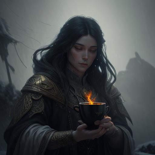 Steaming Coffee Cup in Snowdrift, Dark Fantasy Art