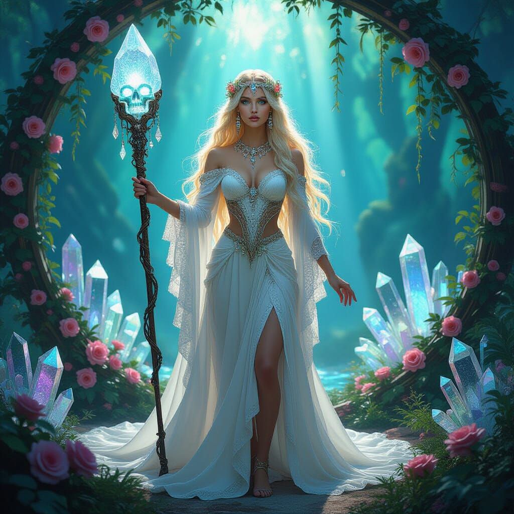 Goddess in Bioluminescent Crystal Grove, Art Nouveau Style
