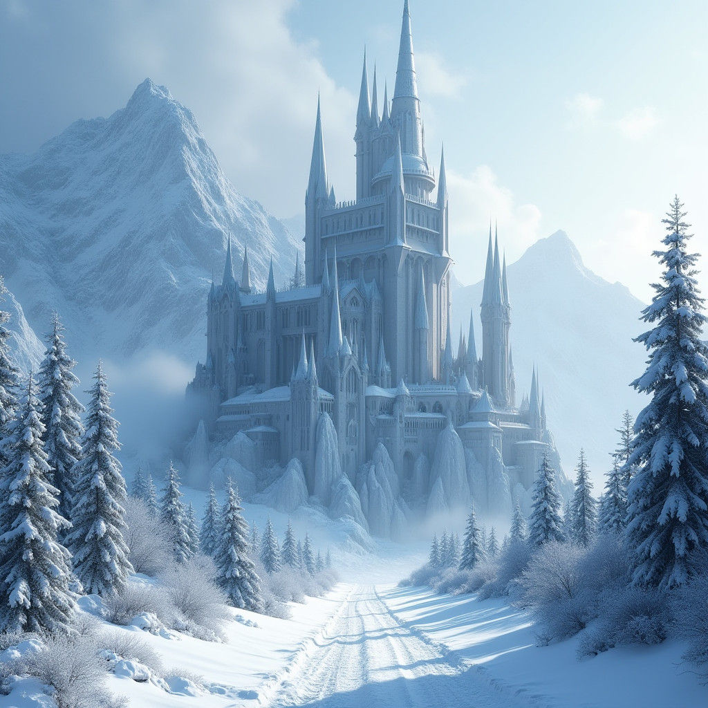 Futuristic Castle in Snowy Mountains, Digital Painting
