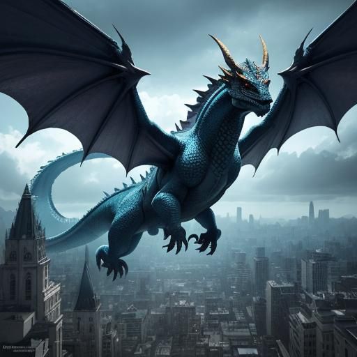 Hyperrealistic Dragon Soaring Above Colorful Cityscape
