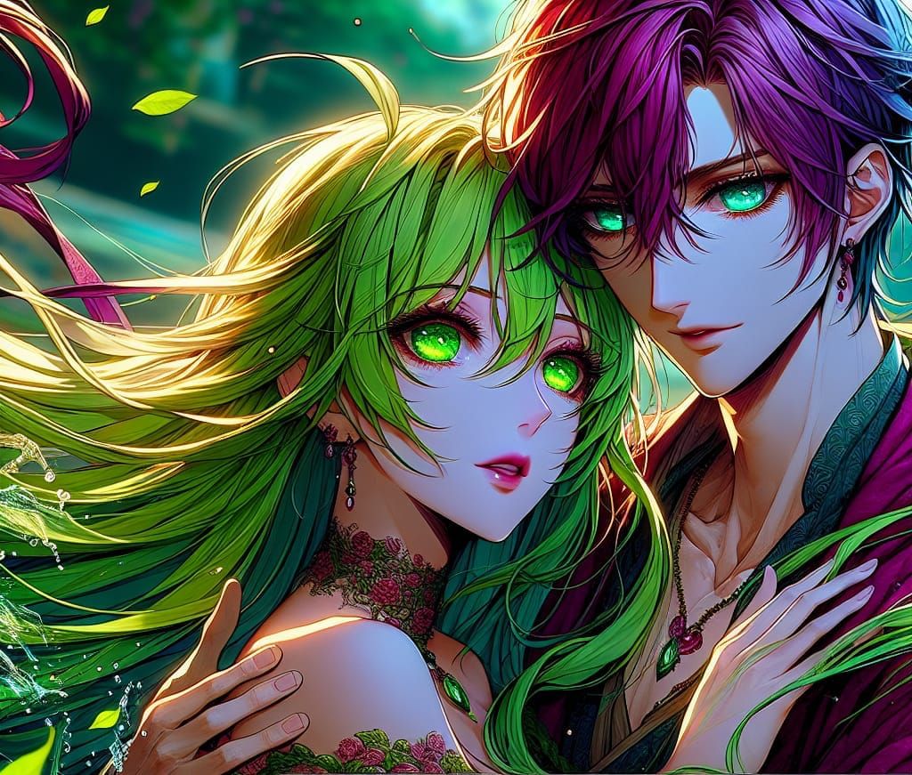 Anime Couple in Tender Embrace: Fantastical Matte Painting