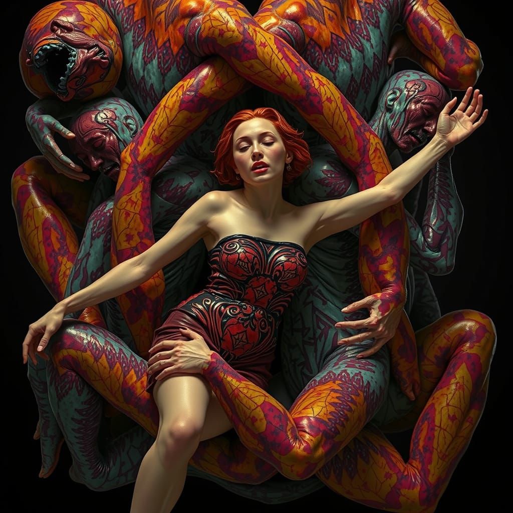 Hyperrealistic Sculpture of Huddled Figures in Iridescent Co...