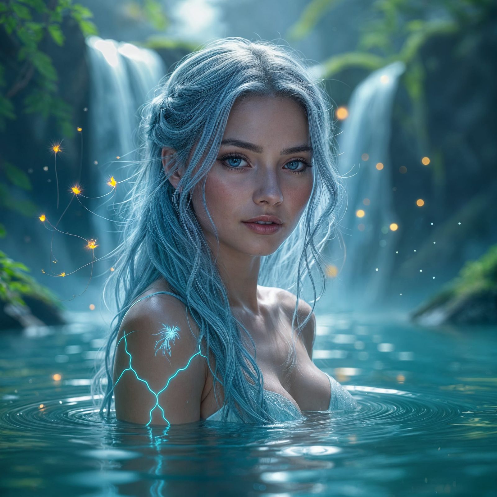 Ethereal Woman with Bioluminescent Veins by Waterfall