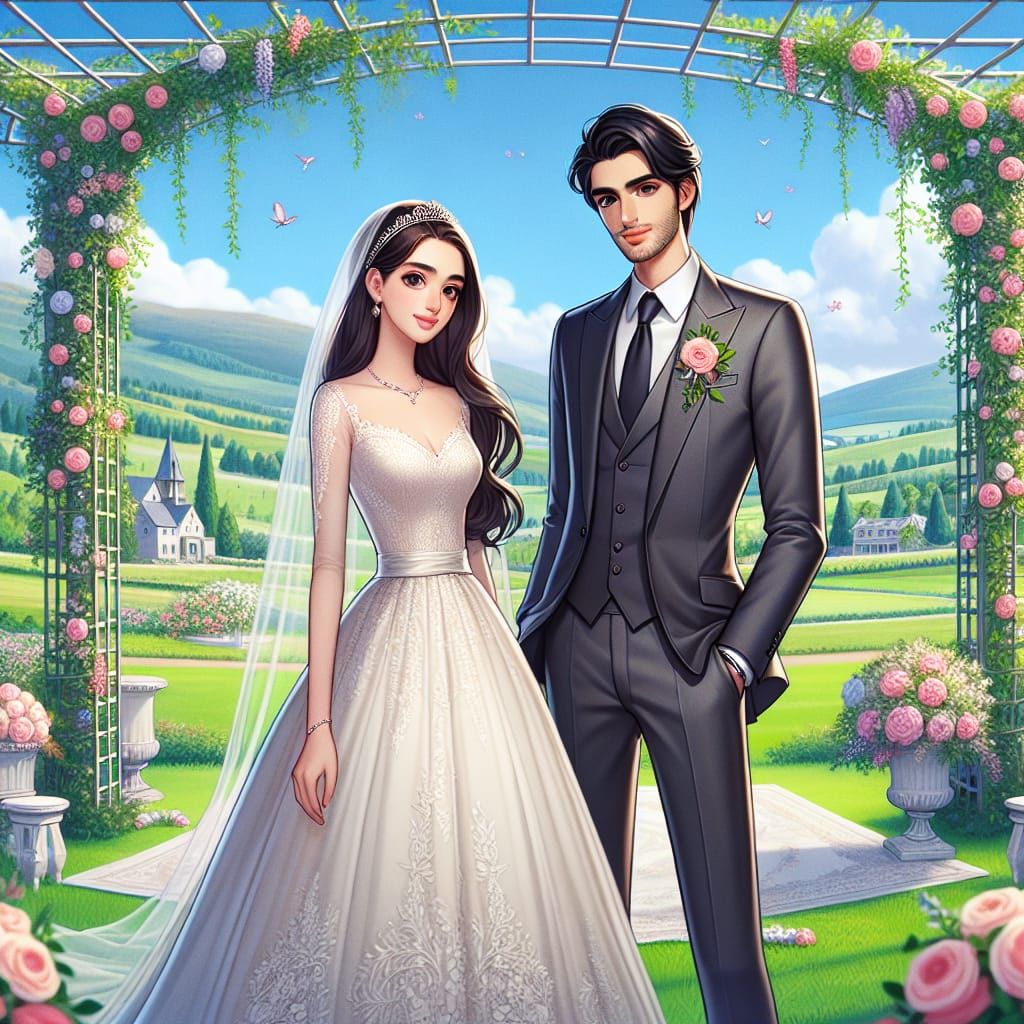 Disney Pixar style 3D beautiful bride and handsome groom, wedding venue a stunning setting in the rolling hills countrys...