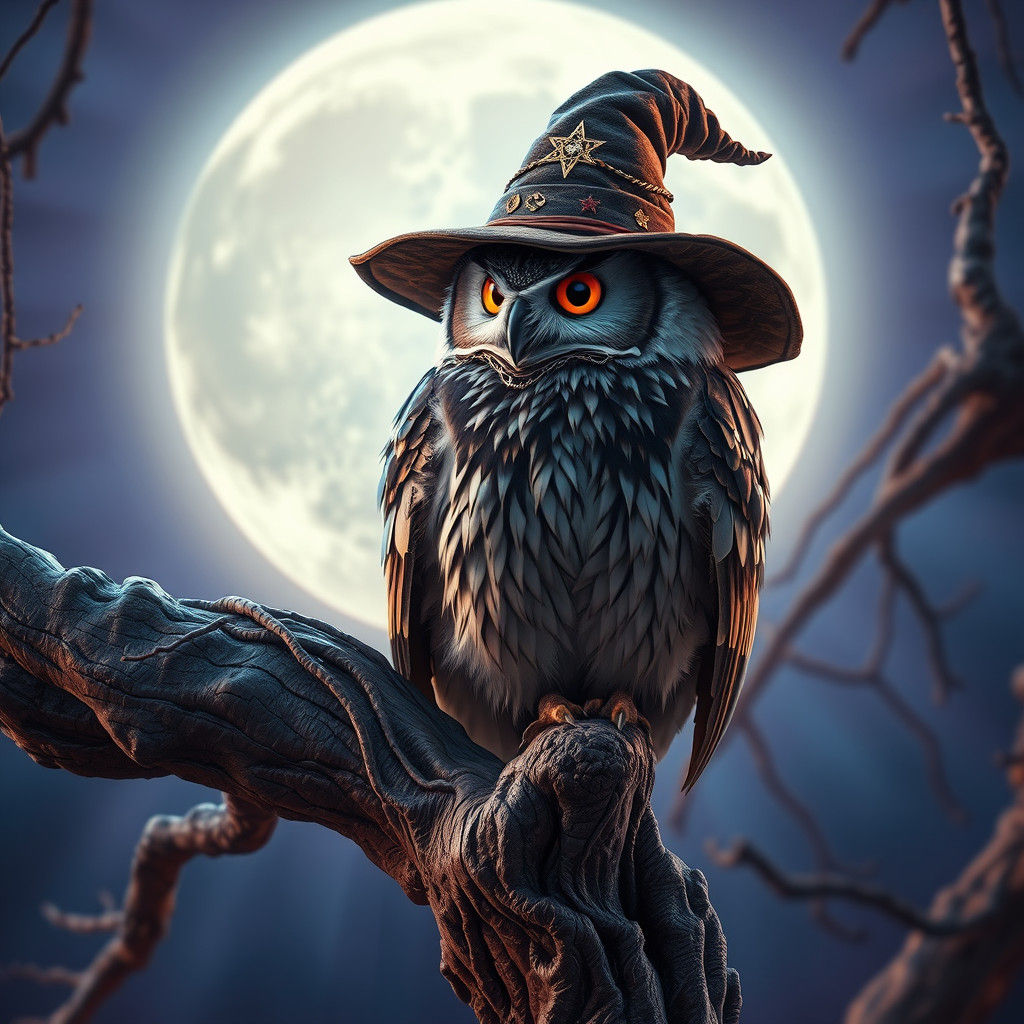Mystical Owl in Witch Hat Perched on Ancient Tree