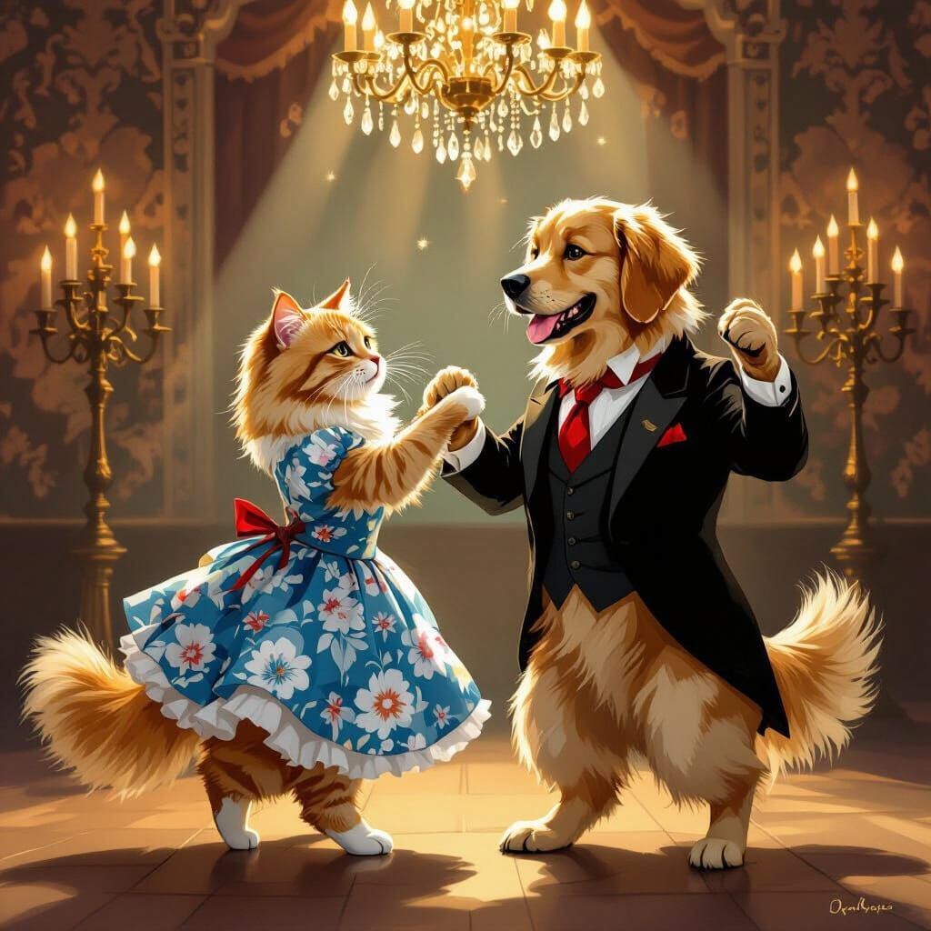 Cat and Dog Dancing in Ballroom: Storybook Style