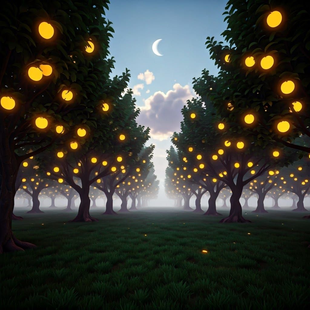 Dreamy Hyper-Realistic Apple Grove at Dusk