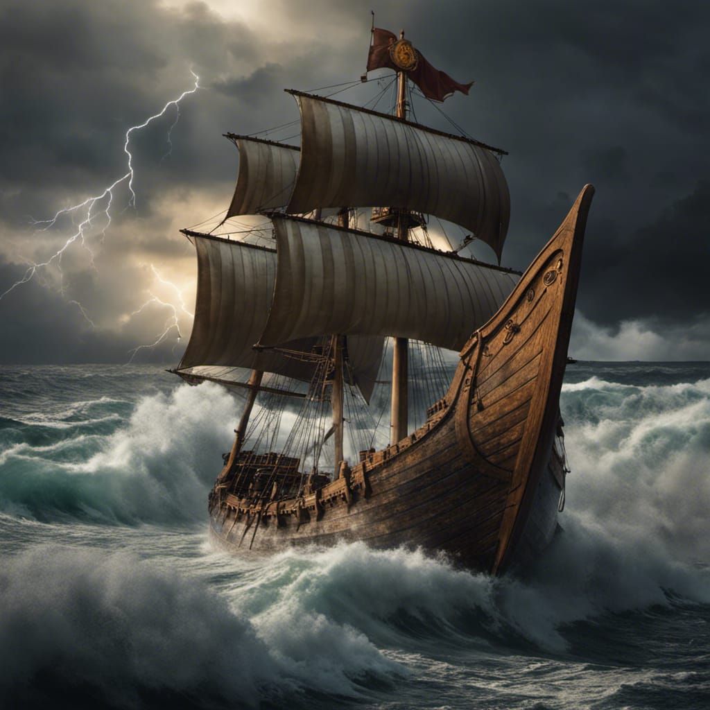 Viking Ship Amidst Lightning Storm