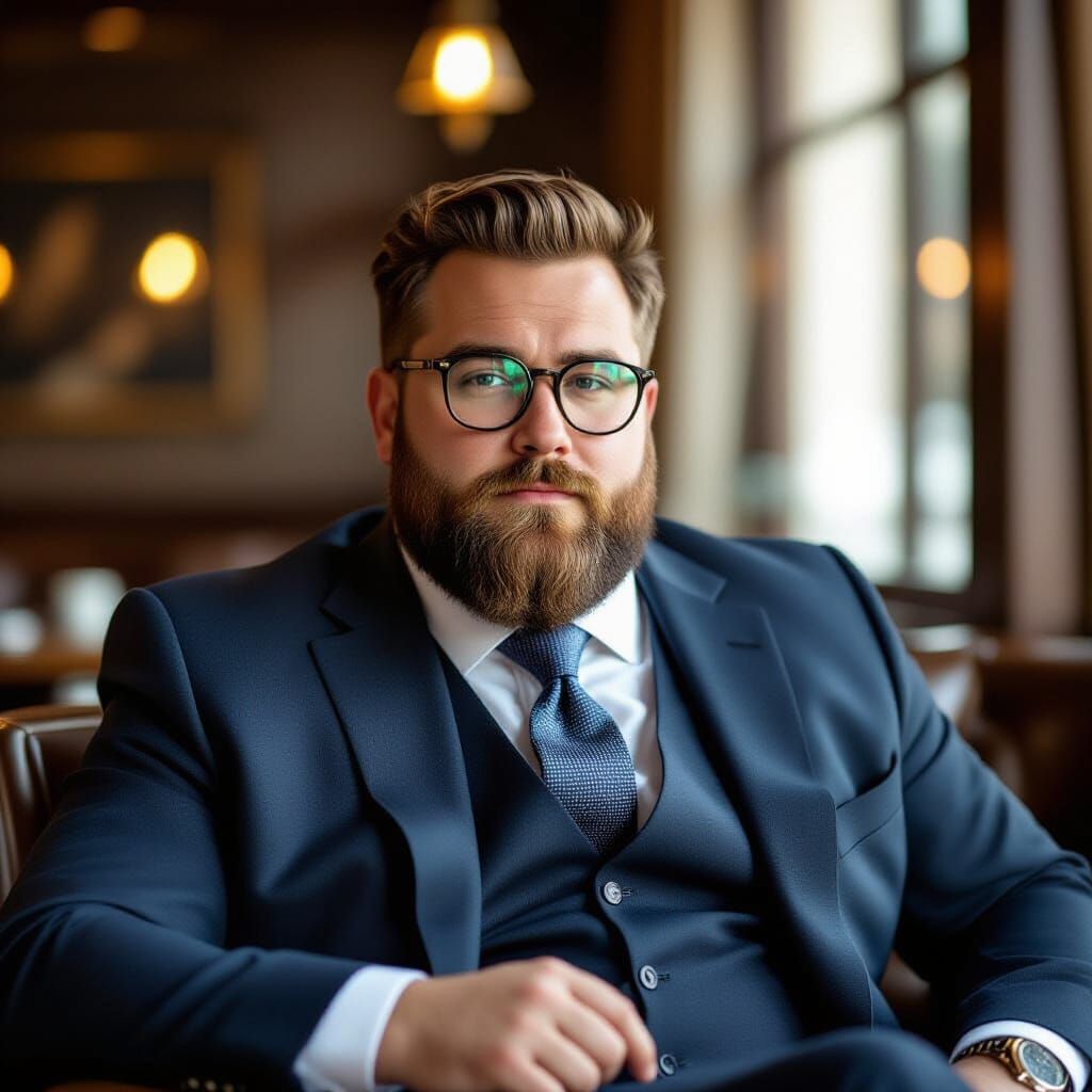 Man in Suit with Large Belly, Golden Lighting