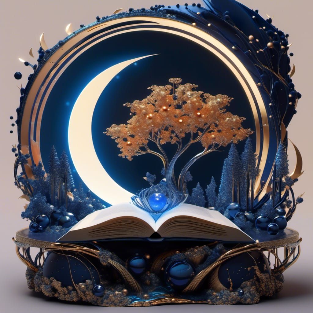 Open Book with Moonlit Forest and Spheres