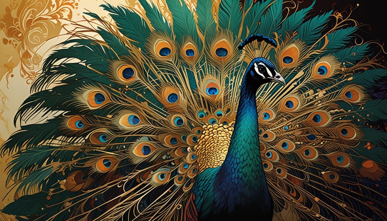 Majestic Peahen Behind Lush Peacock Feather Fan