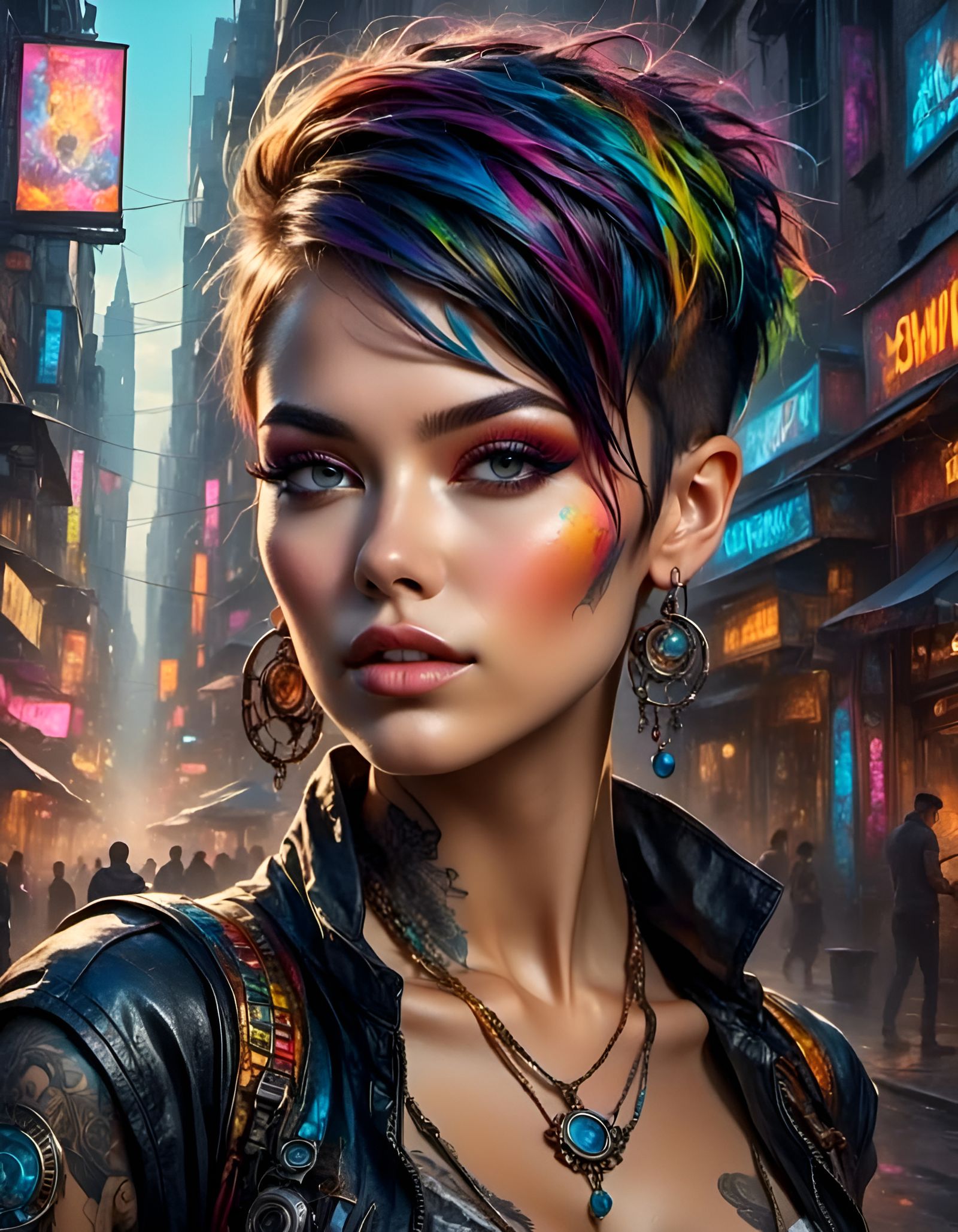 Steamfunk Brunette with Tribal Tattoos in Street Art Style