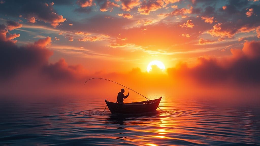 Fisherman at Fiery Sunset Digital Painting