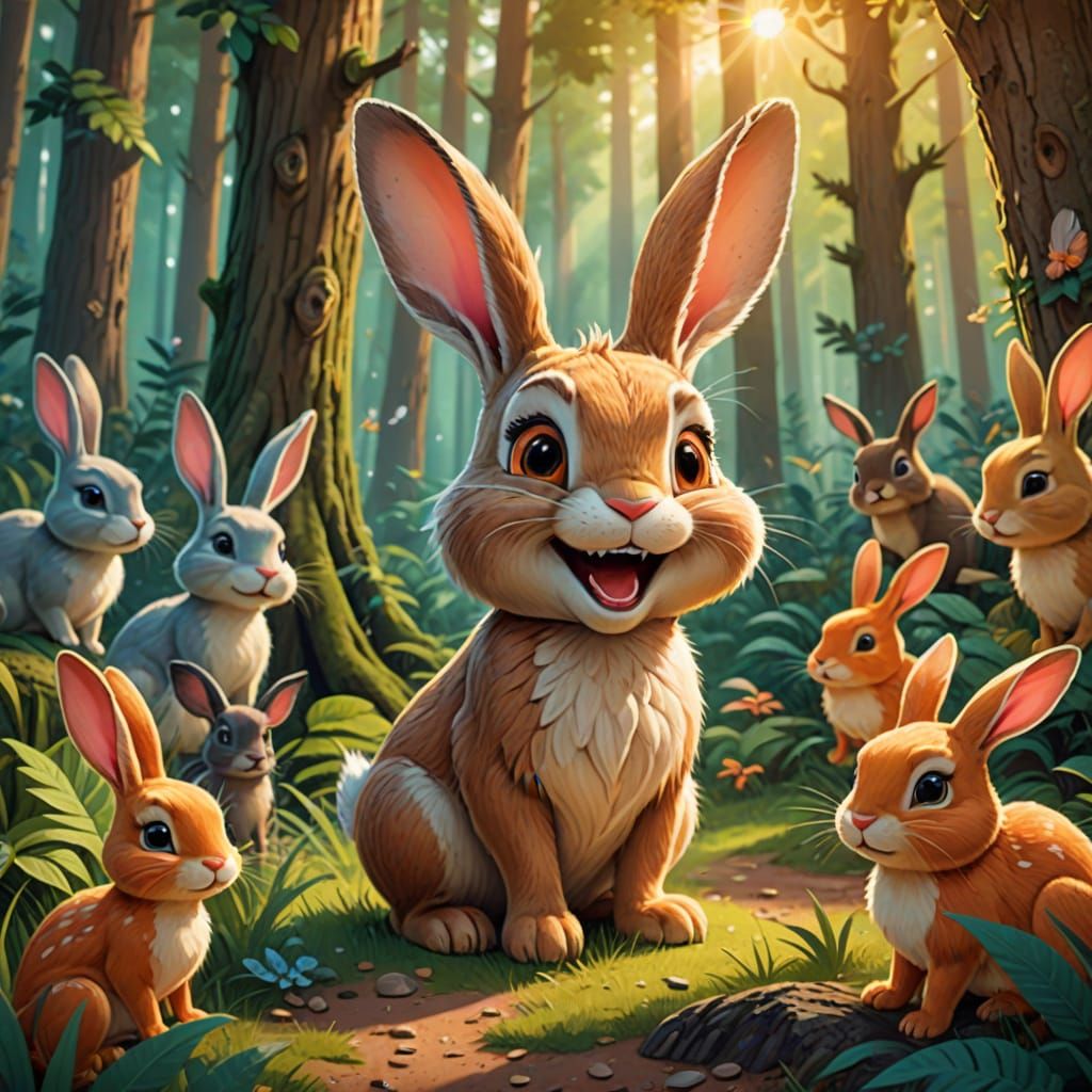Laughing Bunny Surrounded by Unhappy Forest Animals