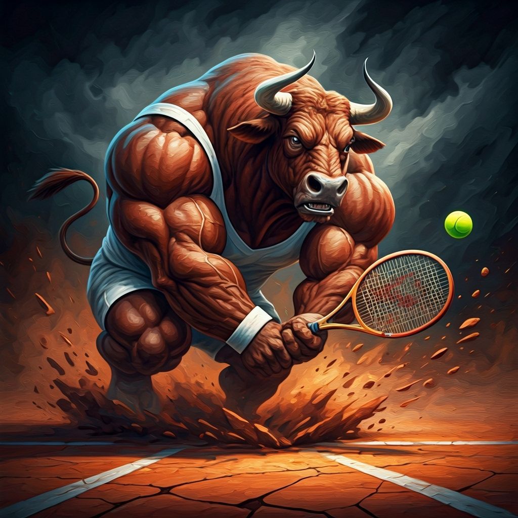 Anthropomorphic Bull Plays Tennis as Oil Painting