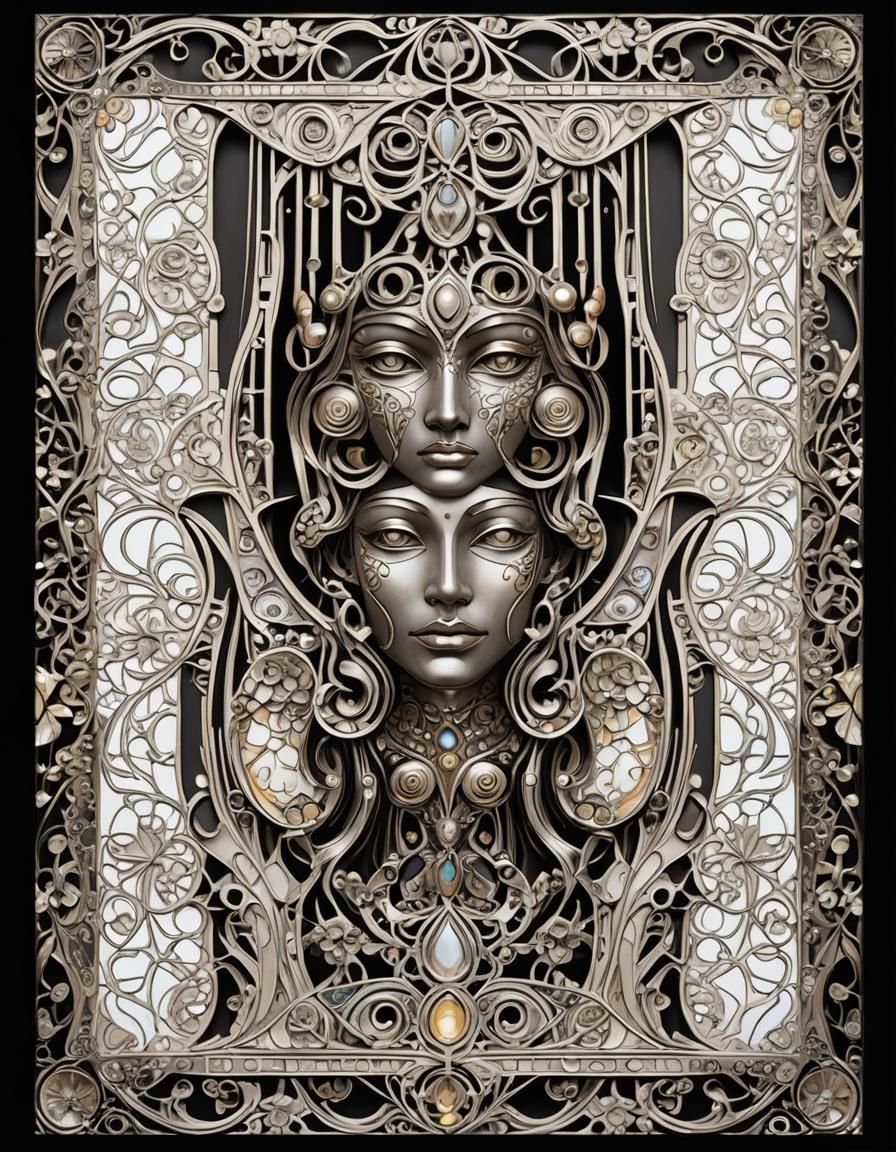 Art Nouveau Totem Faces in Flowing Pattern