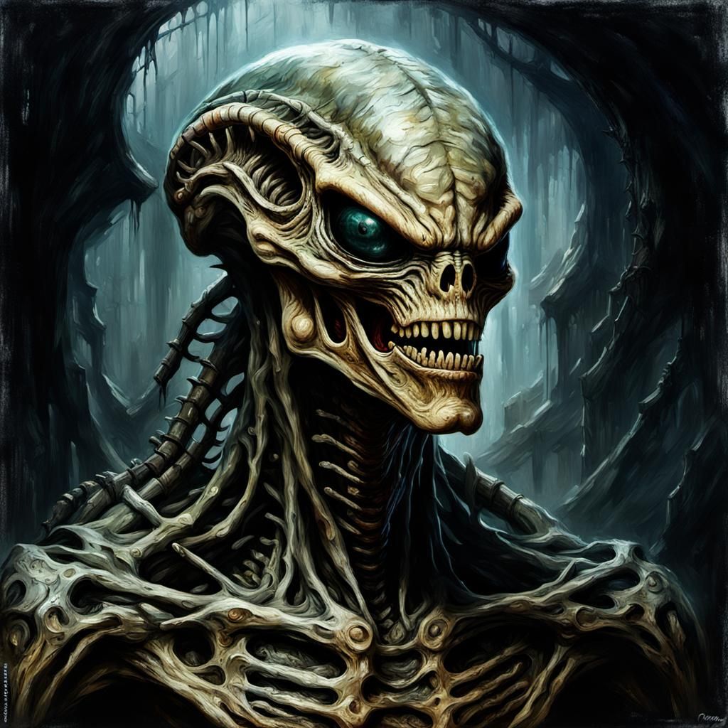 Grotesque Xenomorph Face in Gothic Impressionist Style