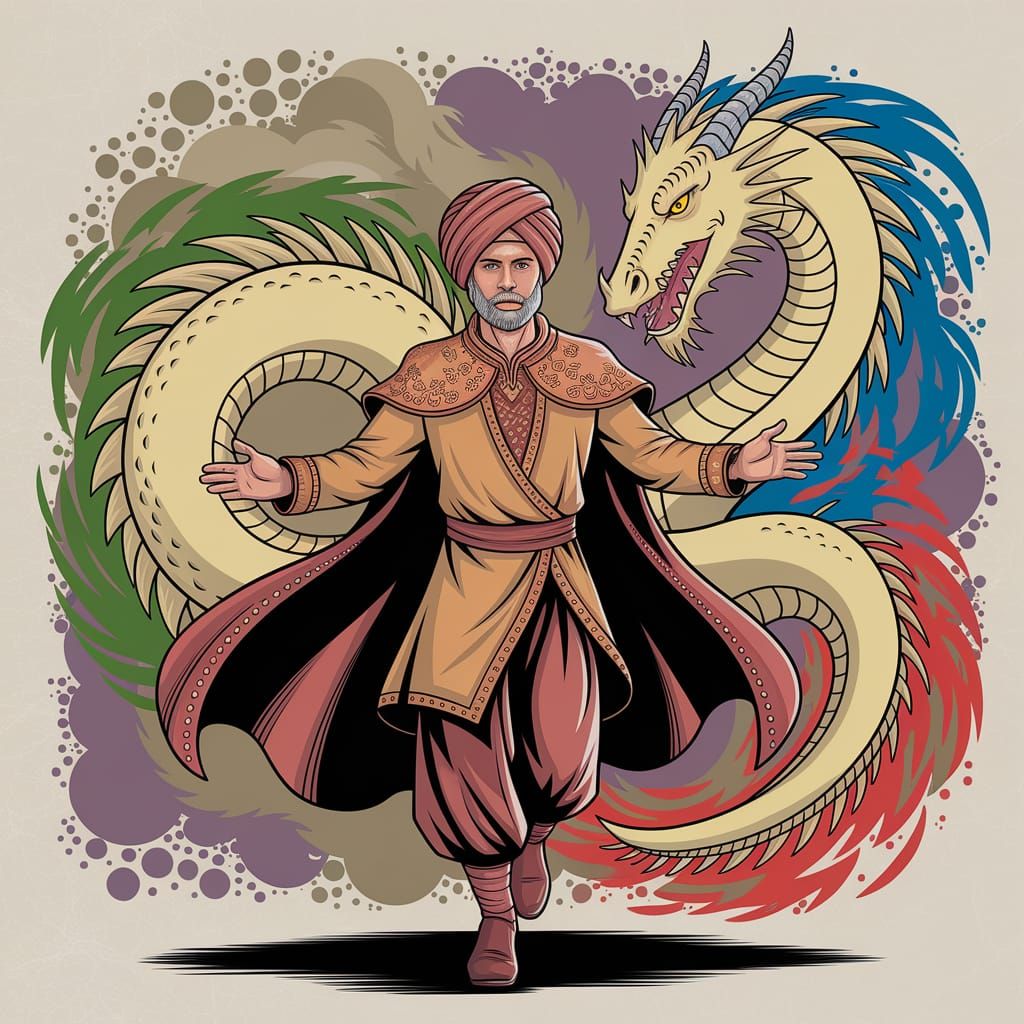 Ornate Man and Dragon in Stylized Illustration
