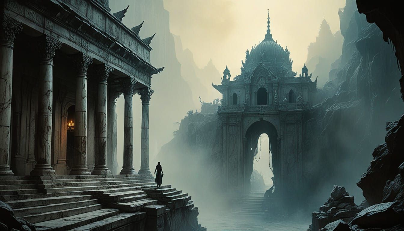Ethereal Silhouette in a Dreamlike Greek Temple
