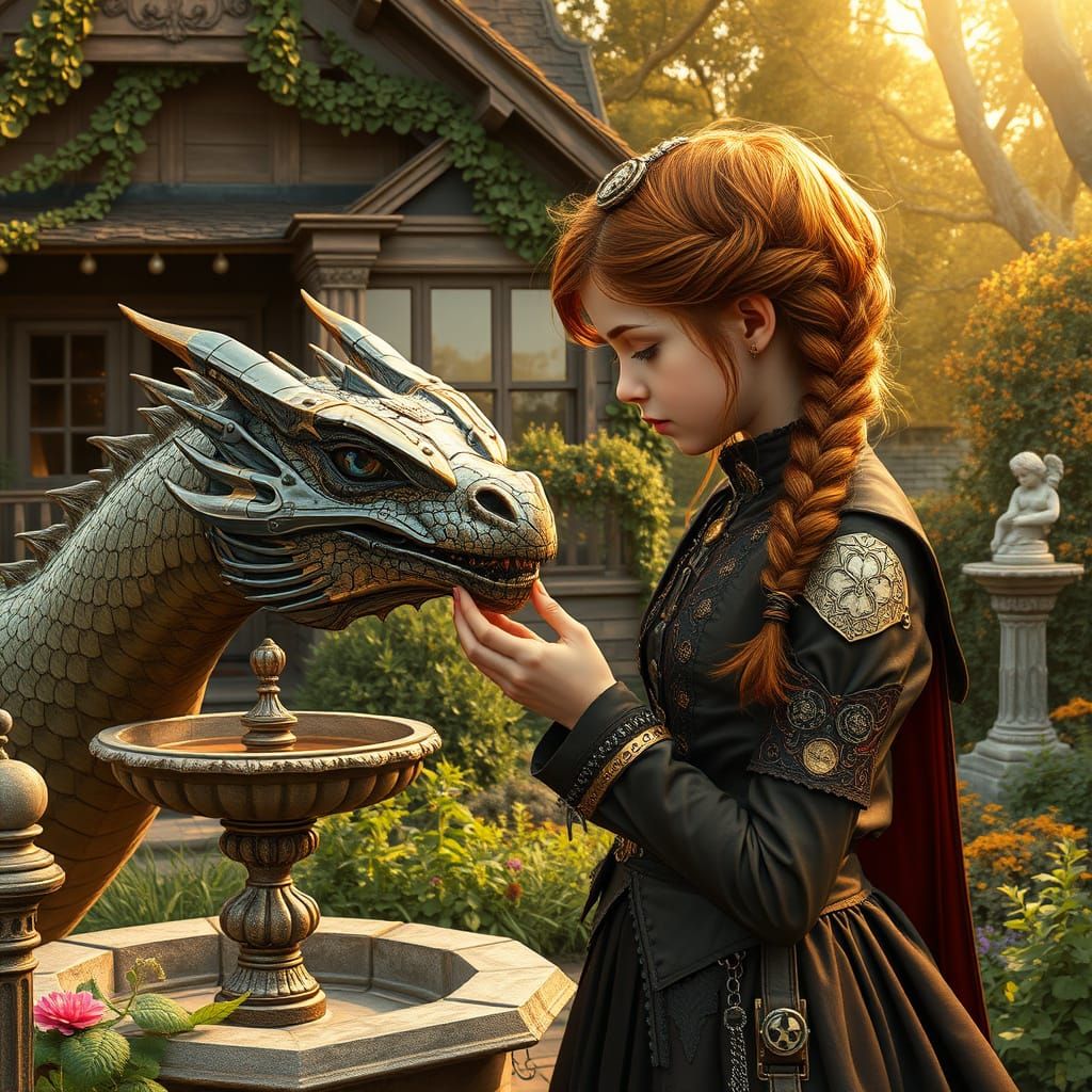 A cinematic portrait of a young girl in elaborate steampunk attire, feeding a magnificent cybernetic dragon in a sprawli...