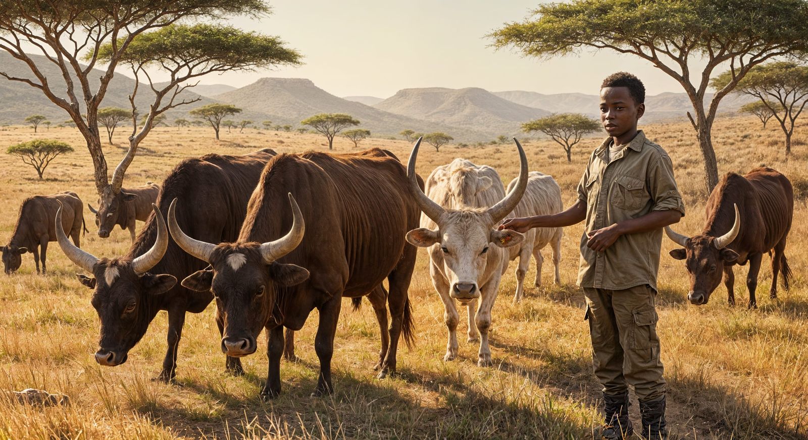 African Cowboy Tends Nguni Cattle in Magaliesberg Landscape